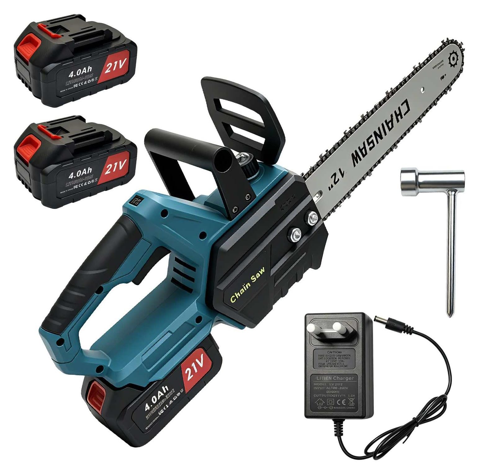 Zelurxx 12-inch accu kettingzaag 21V met 2x 4,0Ah accu voor tuinieren en houtbewerking