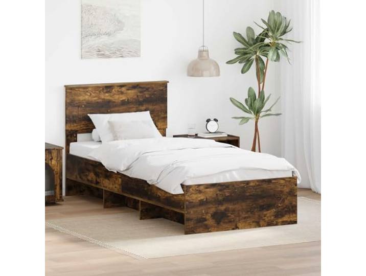 RJPLMFV Bettgestell, Raucheiche, 120 x 123 cm, Holz Mit integriertem Kopfteil, modernes Design, robuste Struktur, pflegeleicht