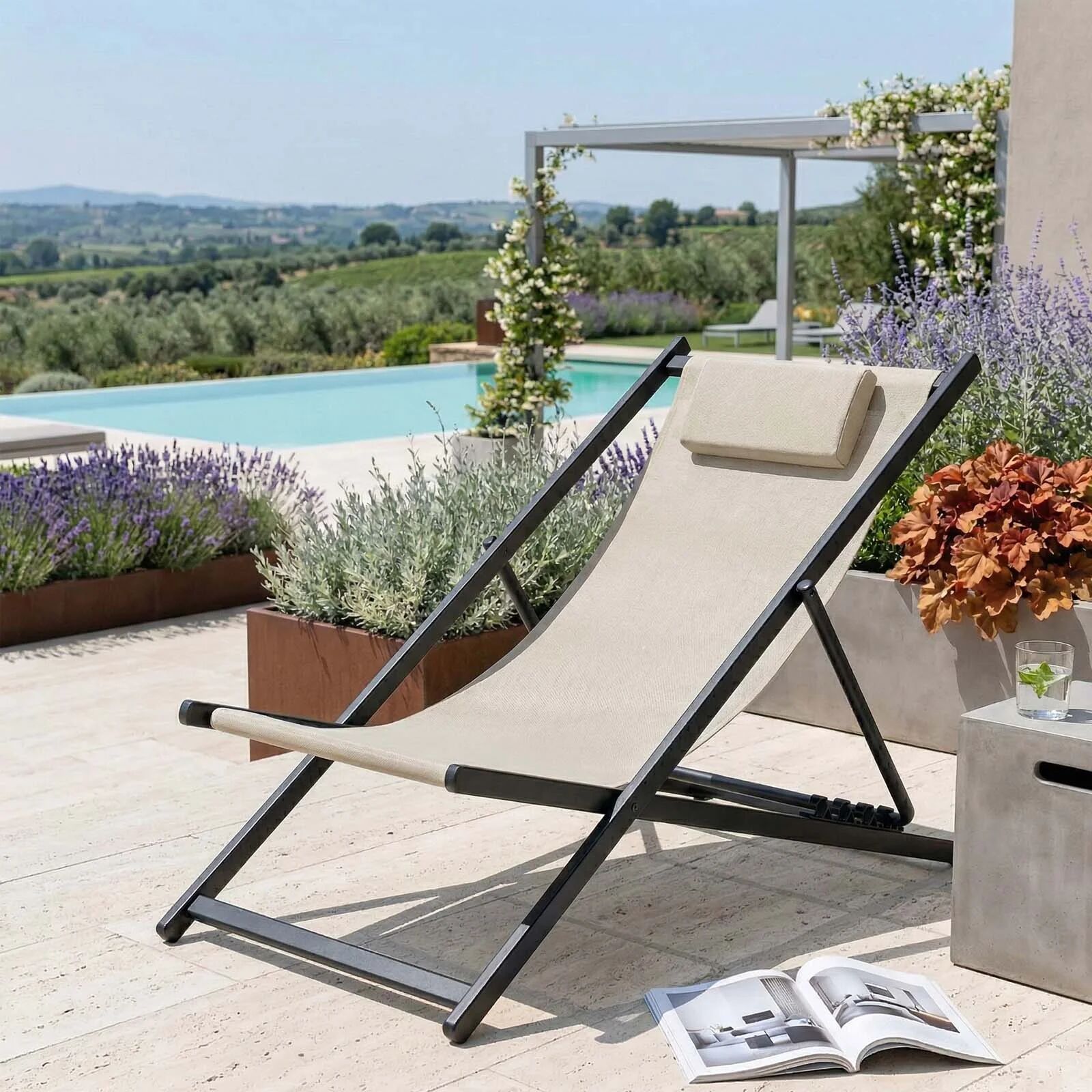 garneroarredamenti Sedia a sdraio pieghevole da giardino in alluminio antracite e textilene tortora Coralia