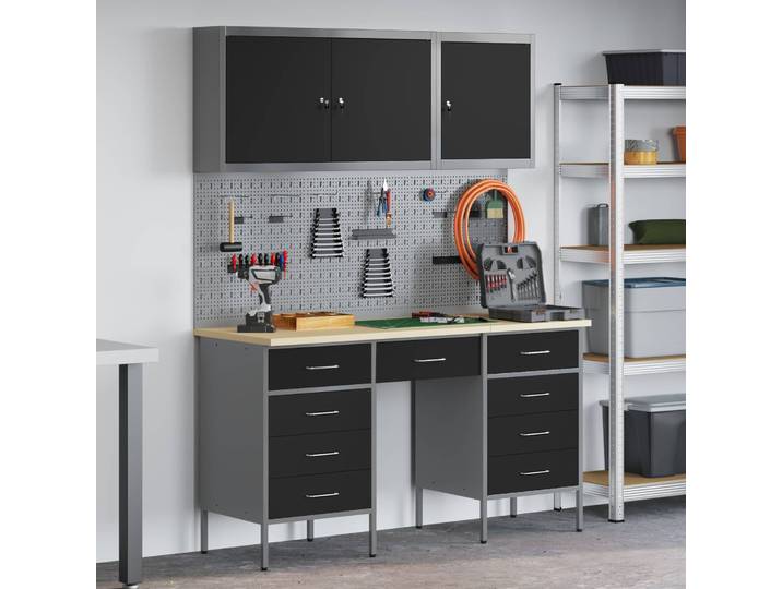 vidaXL Werkbank 8 stk. Schwarz und Grau Ingenieure Holz und Stahl