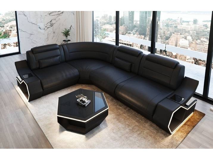 Sofa Dreams Ecksofa Pescara L Form Leder, 4-Sitzer, Echt-/Kunstleder Mix, Schwarz, USB, LED, Ecke links