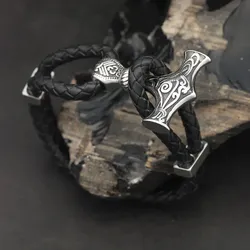 Drachensilber Thorshammer Armband Leder mit Edelstahl Schiebe Verschluss 23cm - Silber