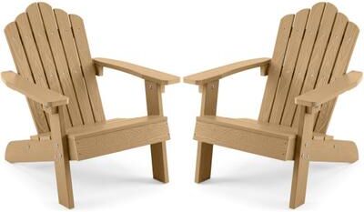 Costway Set of 2 Kids Adirondack Chairs All-weather Outdoor Chairs for Children with Tilted High Backrest-Brown
