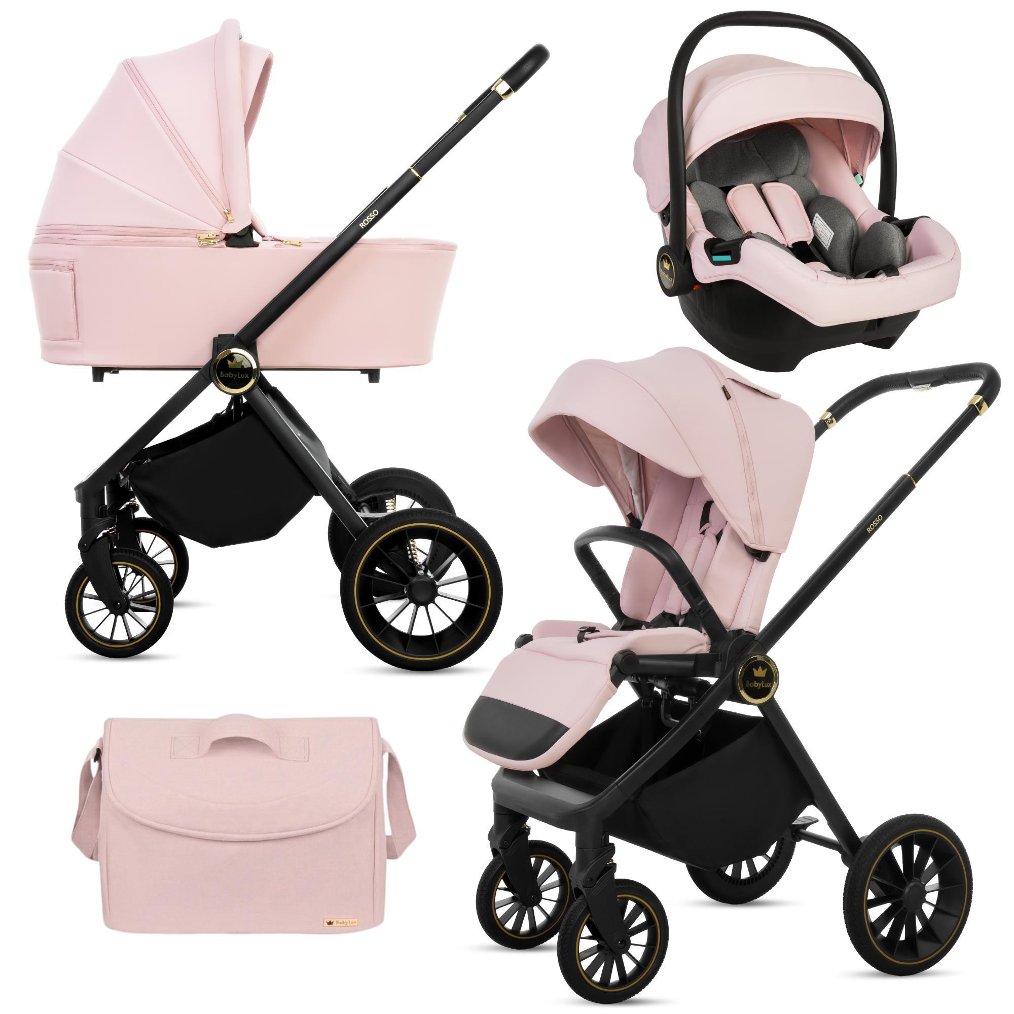 BabyLux Kinderwagen 3in1 Set ROSSO, Rosa Faltbar Leicht Kombikinderwagen Set incl. Babywanne, Buggy Sportsitz, Babyschale i-Size, Wickeltasche