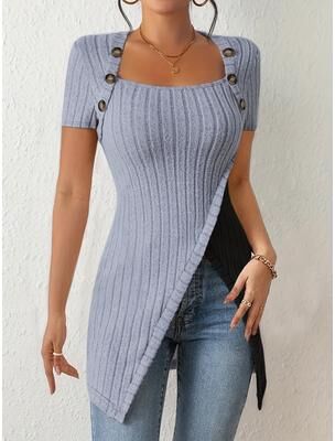 Universal Stock Color Block Button Women's Ribbed Top With Asymmetrical Hem For Casual Summer Style bright Steel Blue s