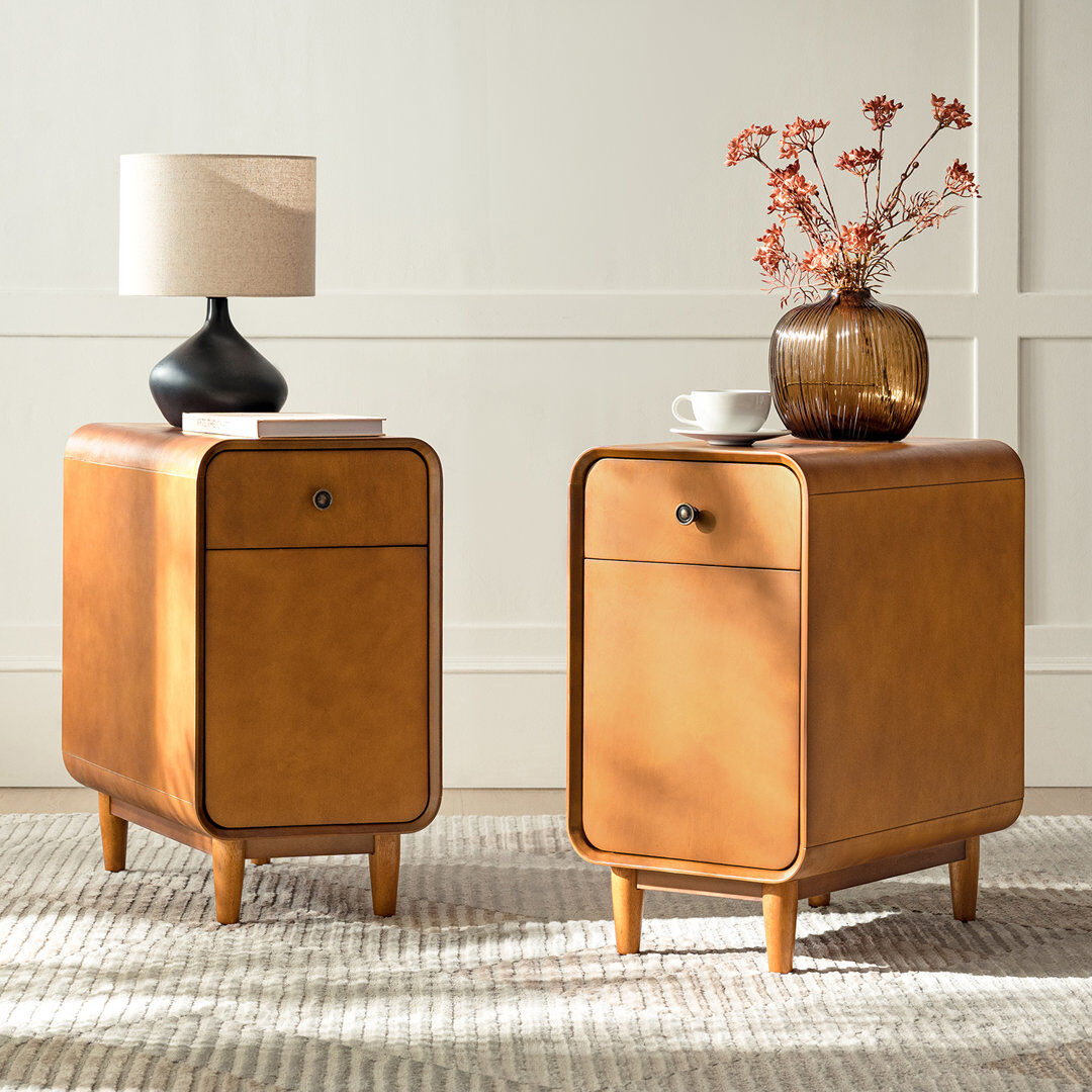 Rosalind Wheeler Elmaz MCM Solid Wood 1-Drawer And Legs End Table With Backside Magazine Rack Set of 2 Acorn 66.55cm H X 60.33cm W X 35.81cm D