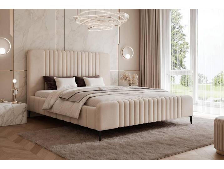 Compleo Polsterbett Design Bett mit hohen Kopfteil und Füßen, Glamour Bett