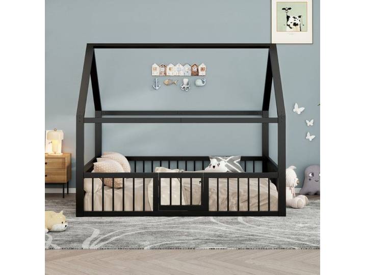 Lit plat lit en métal cadre de lit en métal lit en fer lit bébé sans matelas garnitures de maison parapet noir 140x200cm