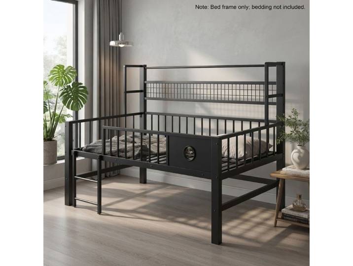 CollaHausse Lit Enfant 90x200 cm Noir en Métal avec Étagères