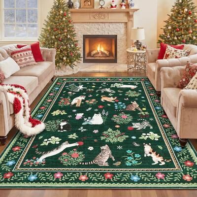 Garvee Pastoral Cat Pattern Washable Area Rug
