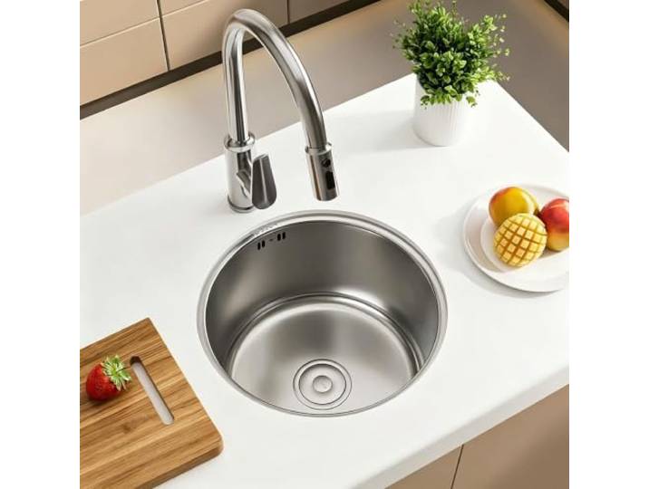 Einbau-Spülbecken for die Theke 1 Becken Rund Kleines Küchenspülbecken Edelstahl Mit ausziehbarem Wasserhahn Für Theken, Waschküchen und Wohnungen(42cm/16.5in)