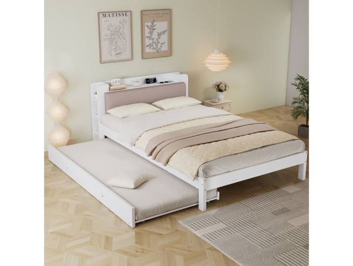 VUENOR Lit fonctionnel 120x200 cm blanc – lit gigogne tête rembourrée sans matelas