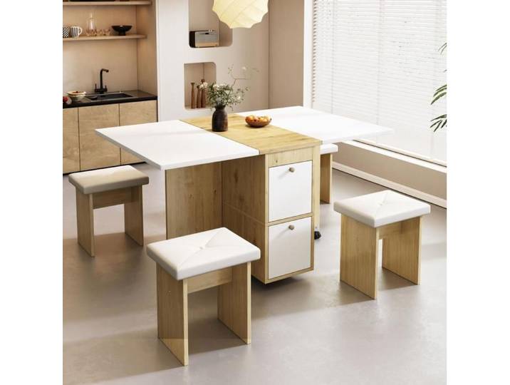 Ensemble table à manger extensible 120x80x75cm avec 4 chaises multifonctionnelles blanc chêne