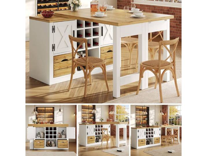 ilot central cuisine extensible à 360°avec buffet Table à manger extensible avec espace de rangement Blanc