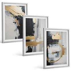 BILDER SET 3er Set - 40x60 cm Silberner Rahmen - Abstrakte Schwarz-Weiß-Malerei