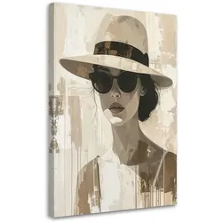 LEINWANDBILDER, Frau mit Brille und Hut beige
