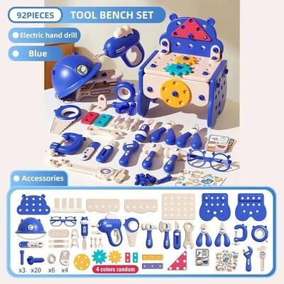 Uplifted Goods Kids Construction Tool Set With Electric Toy Drill 92pcs Blue With Drill