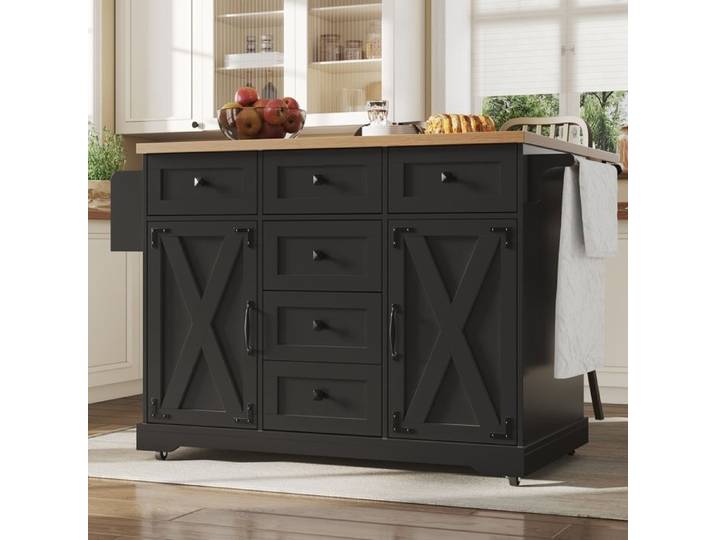 Buffet de Cuisine Extensible industrial Sur Roulettes 6 Tiroirs 2 Portes Chariot de Service Multifonctionnel 147x44-70x93cm Noir