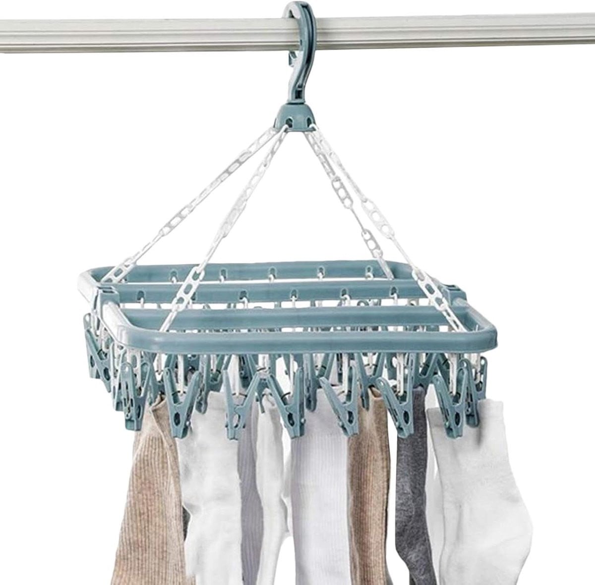 Blauw wasrek met 32 clips voor ondergoed en kleding, opvouwbaar en ruimtebesparend