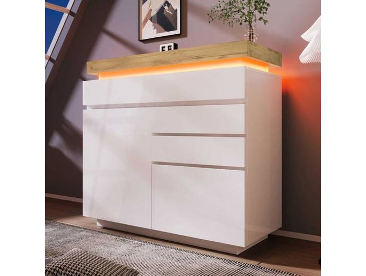 Lemonbest Commode Moderne avec 2 portes et 3 tiroirs Buffet avec éclairage LED contrôle par application 115x110x39cm Blanc