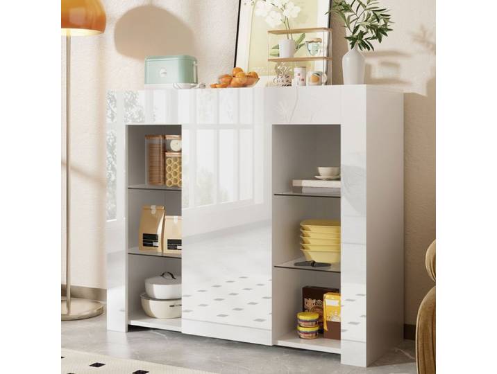Buffet bas - SOGEU - 95x35x83 cm - Façade brillante - Étagères en verre - 1 porte compacte