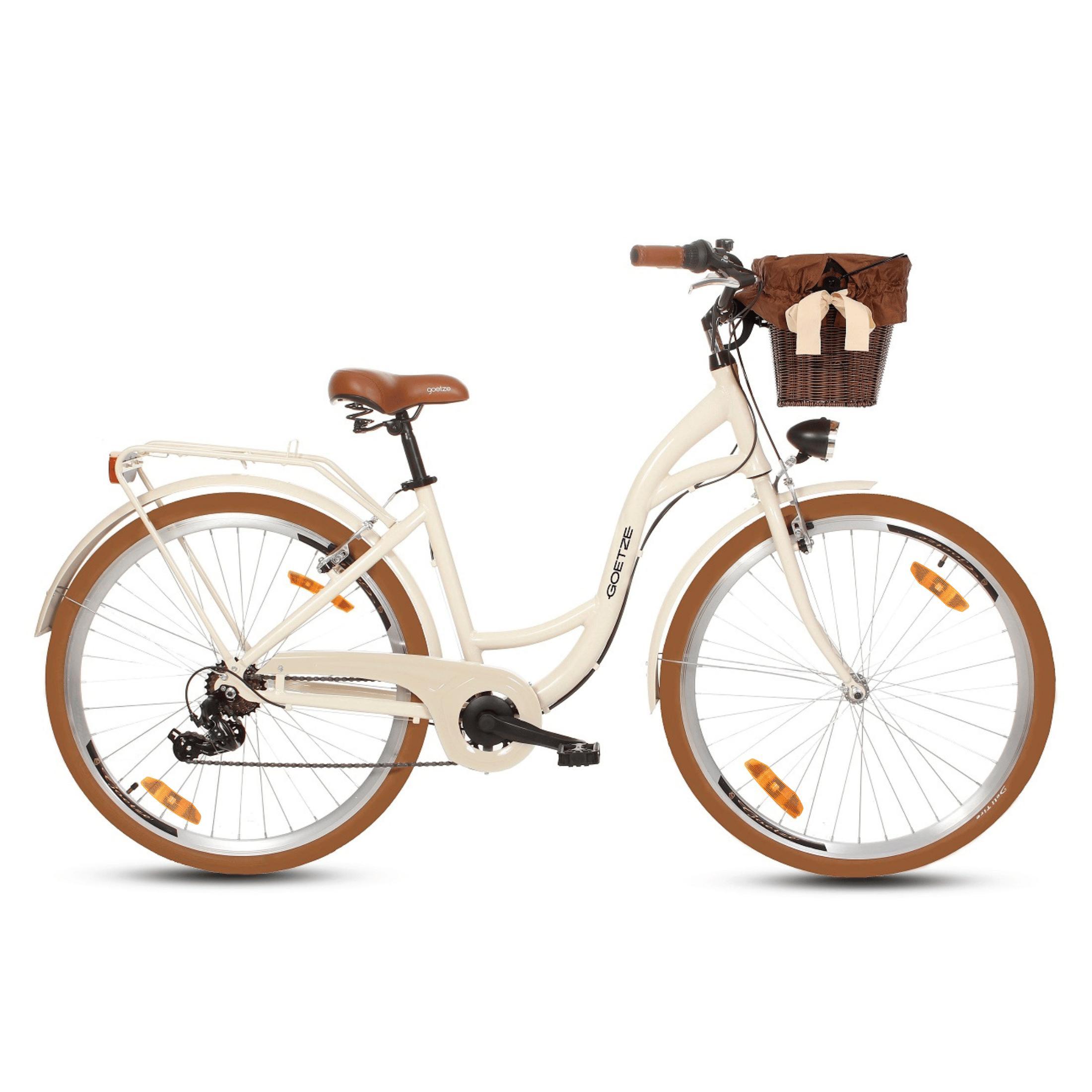 Goetze Mood 28 Zoll City Bike, 18 Zoll ALU Tiefeinsteigerrahmen, 7-Gang Shimano, V-Bremse, LED-Beleuchtung, Komfortsattel, Rattankorb