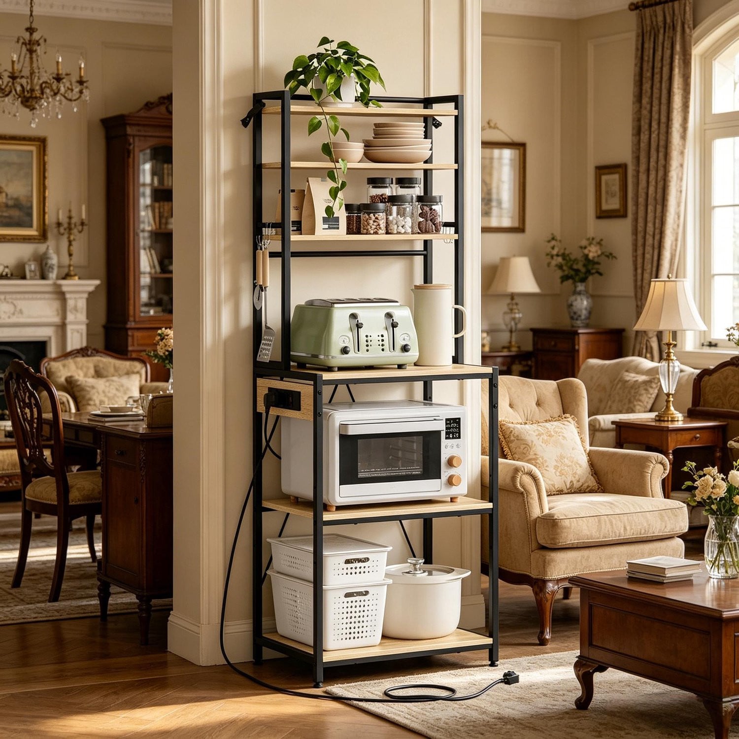 CHICFURN Keukenrek met 6 niveaus en 3 stopcontacten, zwart licht eiken