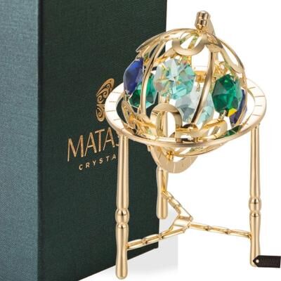 Matashi Home Decorative Tabletop Showpiece 24K Gold Plated Crystal Studded Spinning Globe Ornament with Colored Crystals