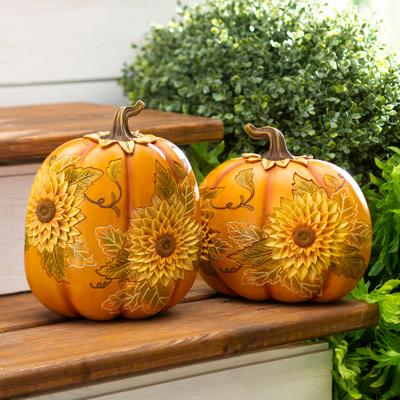 Evergreen Carved Pumpkins with Sunflowers, Set of 2
