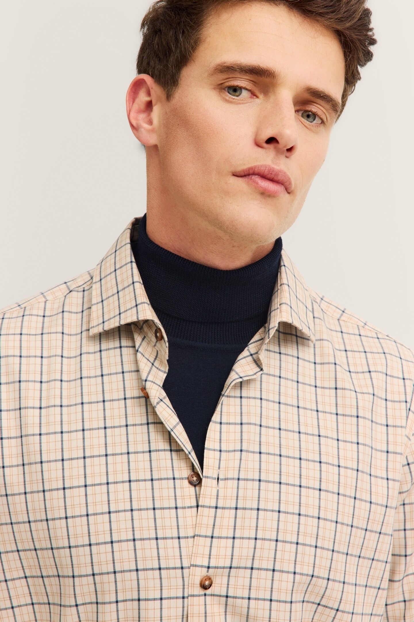 Langarmhemd BUGATTI "Modern Fit", Herren, Gr. S, Normalgrössen, beige (390, beige), 50% Polyester, 40% Viskose, 10% Wolle, kariert, normal, eckige 2-Knopf-Manschette, Hemden Langarmhemd, kariert, Kent-Kragen, weicher Materialmix 390, beige S, Normalgrösse