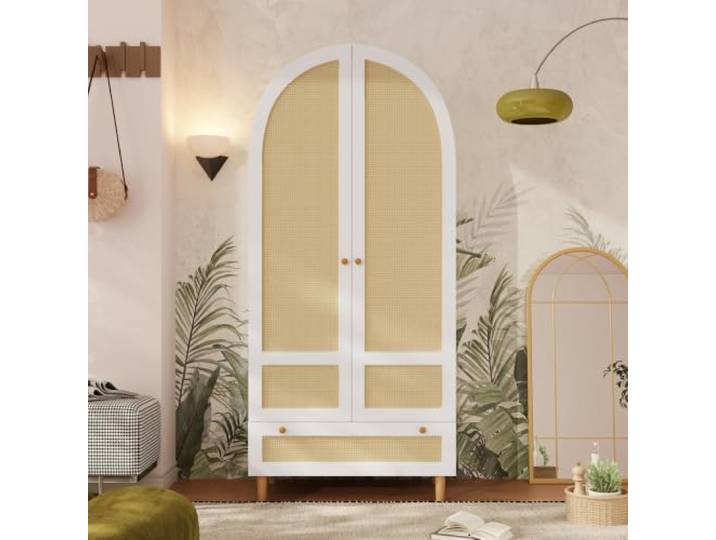 Kleiderschrank Rattan mit 2 Türen, Holz Weiß Bogen-Design Schublade Flur Kleiderschrank Klein mit Kleiderstange, Schublade, Bogen-Design, Landhausstil, Für Schlafzimmer, Flur, 80x50x180cm