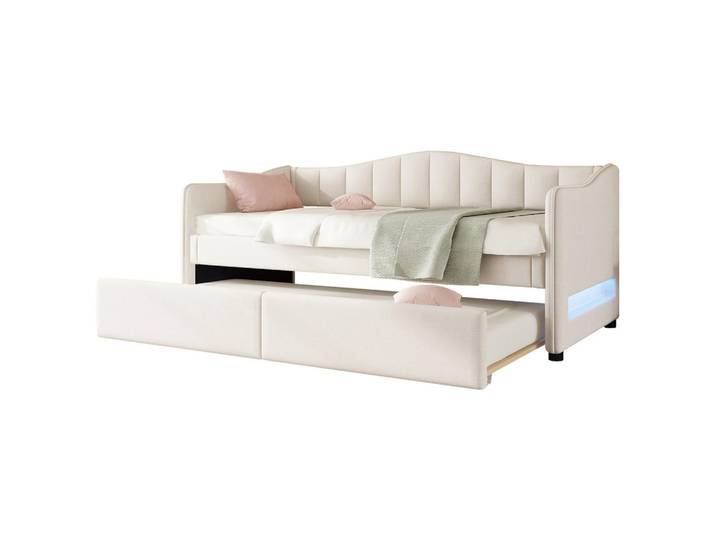Flieks Tagebett 90x200cm Beige Leinen mit Ausziehbett Ambiente-Licht-Design, Holz, 90x200 cm, Schlafzimmer, Betten