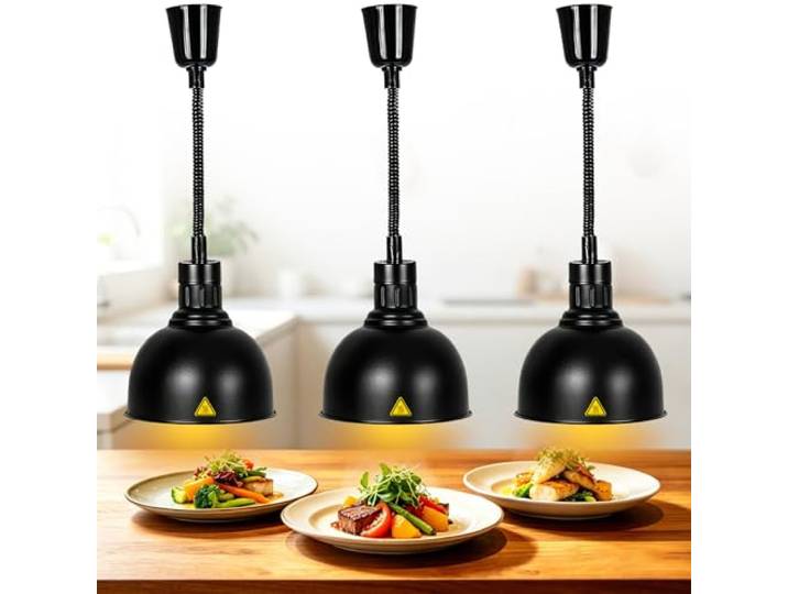 VFDZ Wärmelampe Küche Gastro mit 250W Glühbirne(C-25cm,3 Stück) Wärmebrücke für Speisen, Hängende Speisenwärmer Lampe für Restaurant Buffet Hotel Catering, Höhenverstellbar 60-180cm