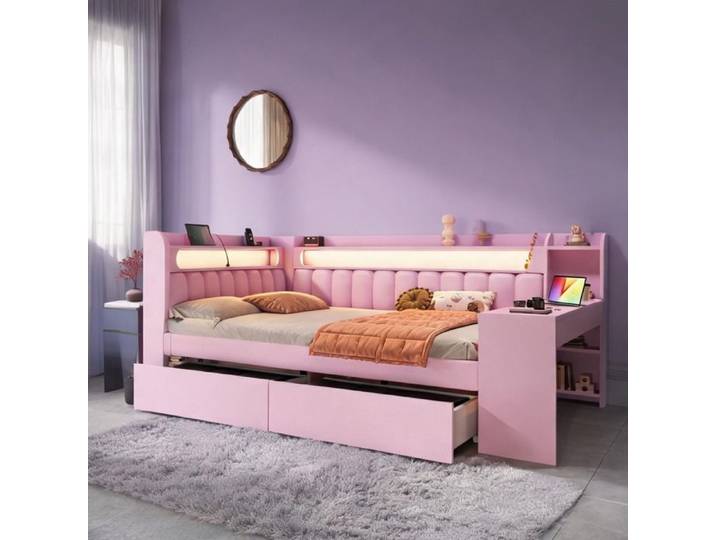 Canapé-lit 140x200 cm avec bureau intégré 2 tiroirs LED et USB revêtement soft pink