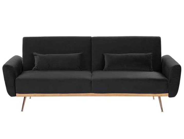 Beliani 3-Sitzer Schlafsofa Samt schwarz mit Kissen hohe Metallbeine Kupfer Retro Eina