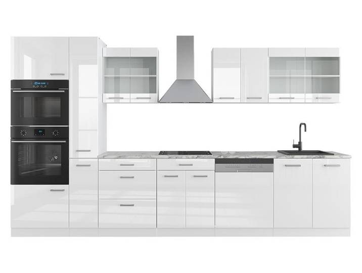 Küchenzeile Vicco R-Line Weiß Hochglanz/Weiß 350 cm mit Hochschrank, AP Marmor, Model 37644