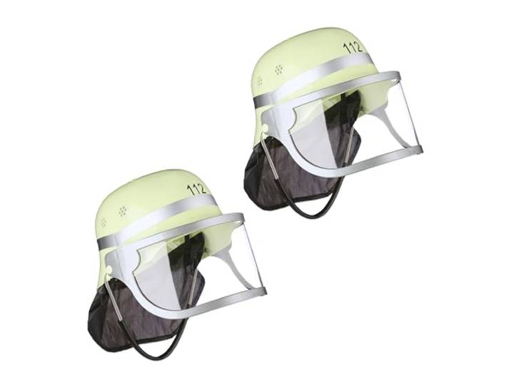 Relaxdays brandweerhelm kinderen, set van 2, verstelbaar, vizier & doekje voor nek, brandweer, HBD 24,5x22,5x28 cm, geel