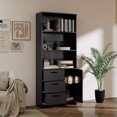 "Garvee 6-Tier Bookshelf with Doors and 3 Drawers, 71"" Tall Wood Bookcase with Open Shelves"