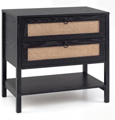 Costway Boho Rattan Nightstand with 2 Drawers and Bottom Open Shelf-Black