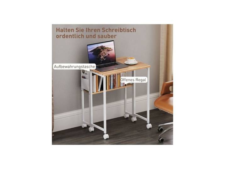 FurnitureR Petit Bureau Pliable avec Roulettes Gain de Place Table D'ordinateur avec Etagère Sac de Rangement Nature 63x21x75cm