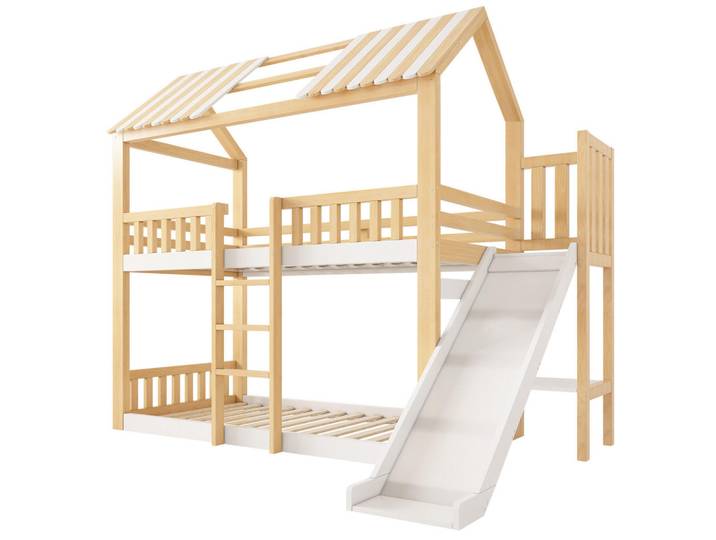 ComfortXL Spielbett 90/200 cm De-00837, in Weiß & Natur,Rutsche und Giebeldach, Naturfarben, Holz, 90x190 cm, Babymöbel & Kindermöbel, Kinderzimmer & Jugendzimmer, Kinderbetten, Spielbetten