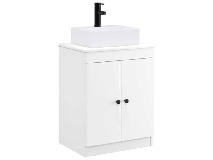 Weißes Badezimmermöbel-Set aus Holz, mit Waschbecken und Wasserhahn 2 Türen, 1 Einlegeboden, Waschbecken inklusive Wasserhahn, modernes Design, feuchtigkeitsbeständig, verschleißfest
