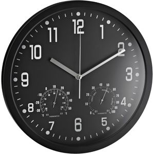 Alco Wanduhr 188-11, Kunststoff, analog, Quarzuhr, Ø 35 cm, schwarz, mit Thermometer & Hygrometer