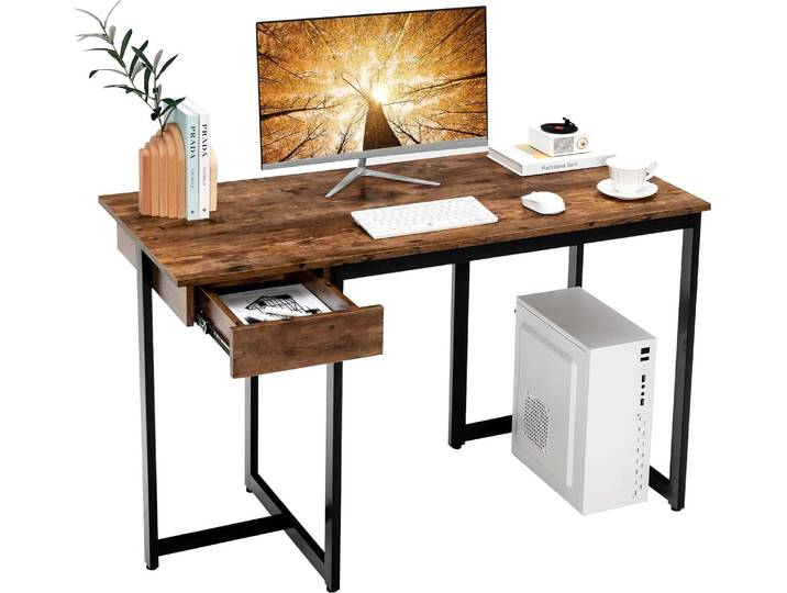 COSTWAY Schreibtisch mit Schublade, Computertisch 120x55x75cm klein, Officetisch Bürotisch PC-Tisch Arbeitstisch Metallgestell Vintage Braun