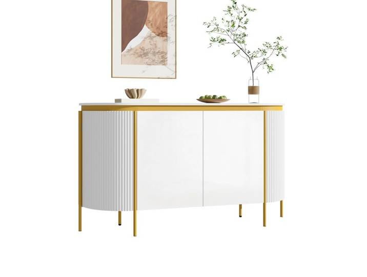 Buffet de rangement - Buffet commode MDF pieds en fer 4 portes ovales aux extrémités arrondies étagère rainurée Blanc