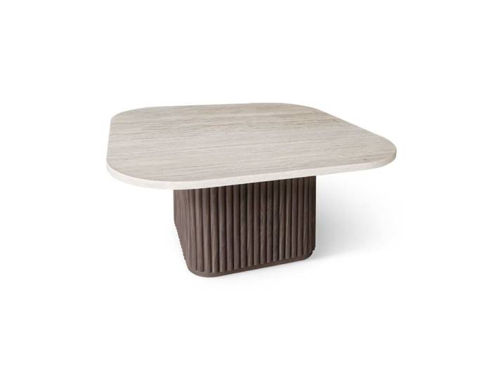 Table basse carré effet travertin et pied effet noyer 80cm