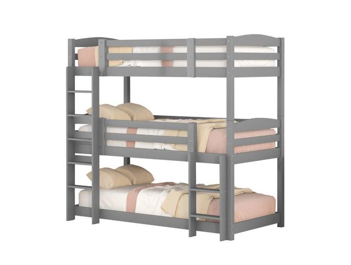 Modfu Etagenbett aus Kiefer und MDF 90x200 cm Grau, 3 Schlafplätze, mit 2 Leitern und hoher Absturzsicherung, 90x200 cm, Babymöbel & Kindermöbel, Kinderzimmer & Jugendzimmer, Stockbetten