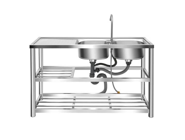 Freistehende Edelstahl Doppelspülbecken Doppelspülbecken für den Außenbereich Spülbecken Set mit um 360°schwenkbarem Wasserhahn 120 × 45 × 80 cm geeignet für gewerbliche Küchen Restaurant Außenbereich