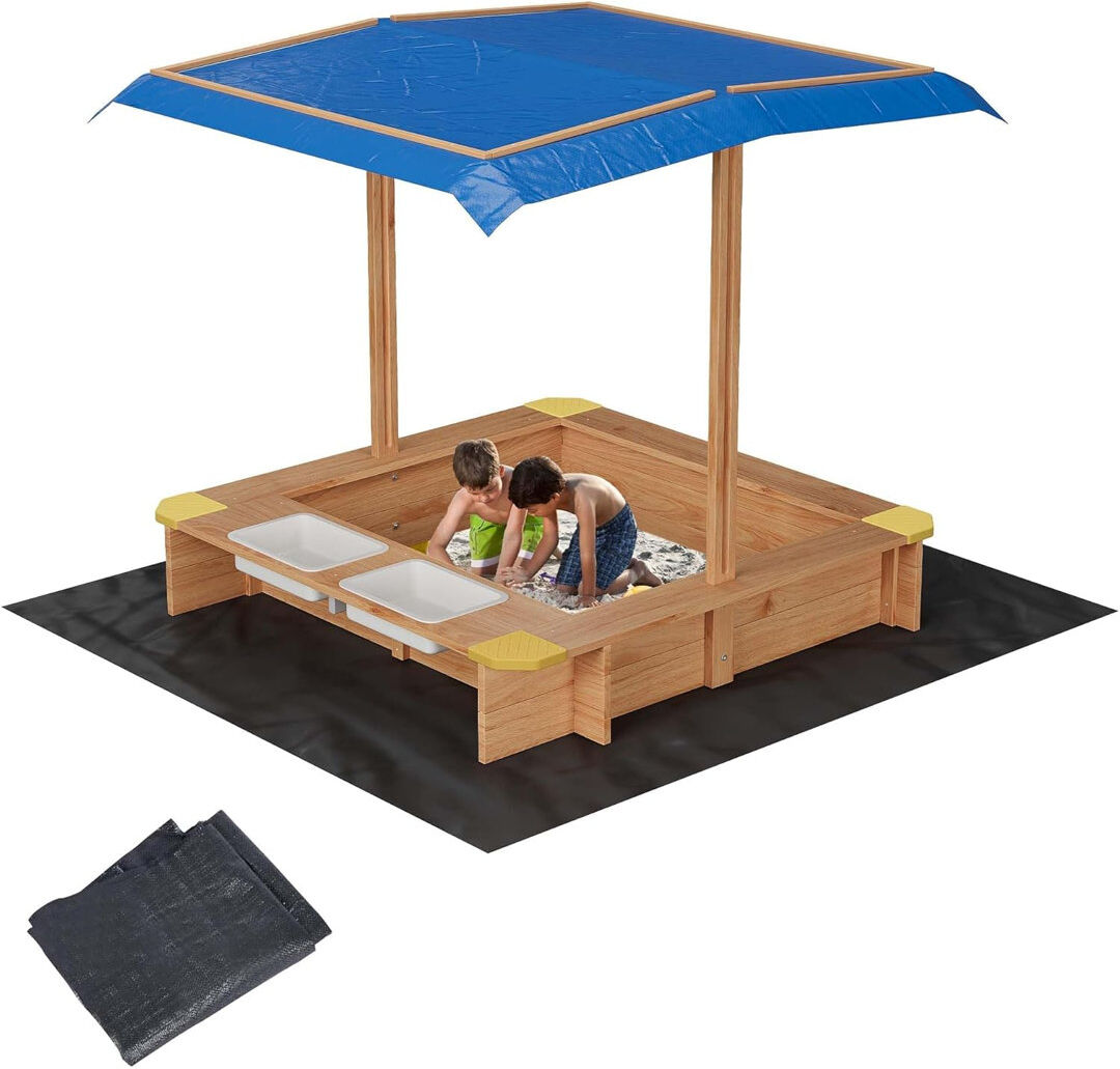 Blue Elephant Wooden Sandbox With Uv-resistant Canopy, Side Buckets, And Drainage Liner – Durable, Weather-resistant Fir Wood For Kids' Outdoor Play Natural 99.8cm W X 66cm L