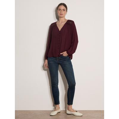 Spitzenbluse APRICOT "Häkelbluse mit Schimmereffekt", Damen, Gr. M (38), rot (burgund), gewebt, , Modisch, normal, V-Ausschnitt, Ärmelbündchen, Blusen Spitzenbluse, mit Rüschenbesatz